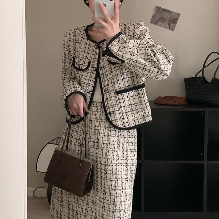 骨格ウェーブ服配色ツイードジャケット【セットアップ着用可能】