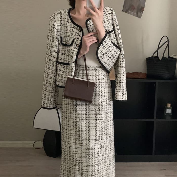 骨格ウェーブ服配色ツイードジャケット【セットアップ着用可能】