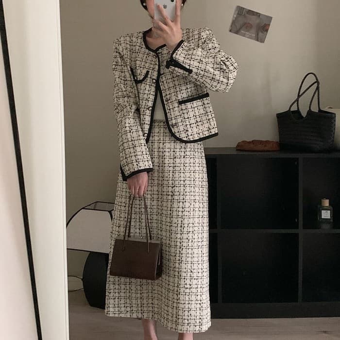 骨格ウェーブ服配色ツイードジャケット【セットアップ着用可能】