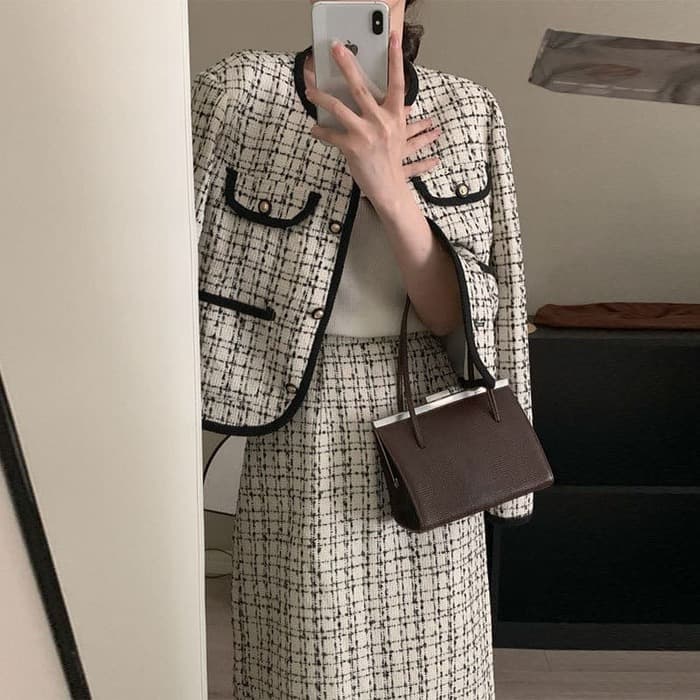 骨格ウェーブ服配色ツイードジャケット【セットアップ着用可能】