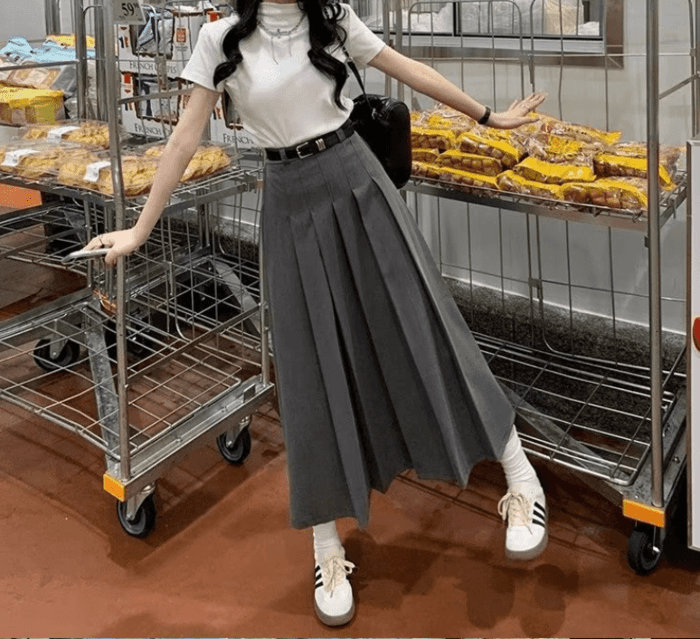 骨格ウェーブウエストすっきりAラインプリーツスカート