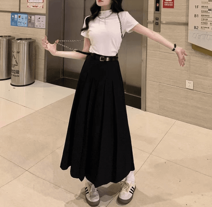 骨格ウェーブウエストすっきりAラインプリーツスカート