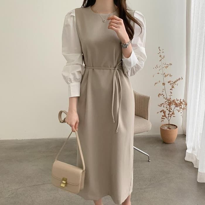 骨格ウェーブ服パフスリーブウエストマークワンピース
