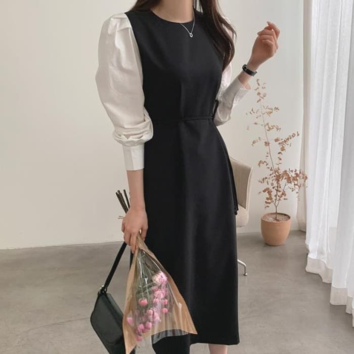 骨格ウェーブ服パフスリーブウエストマークワンピース
