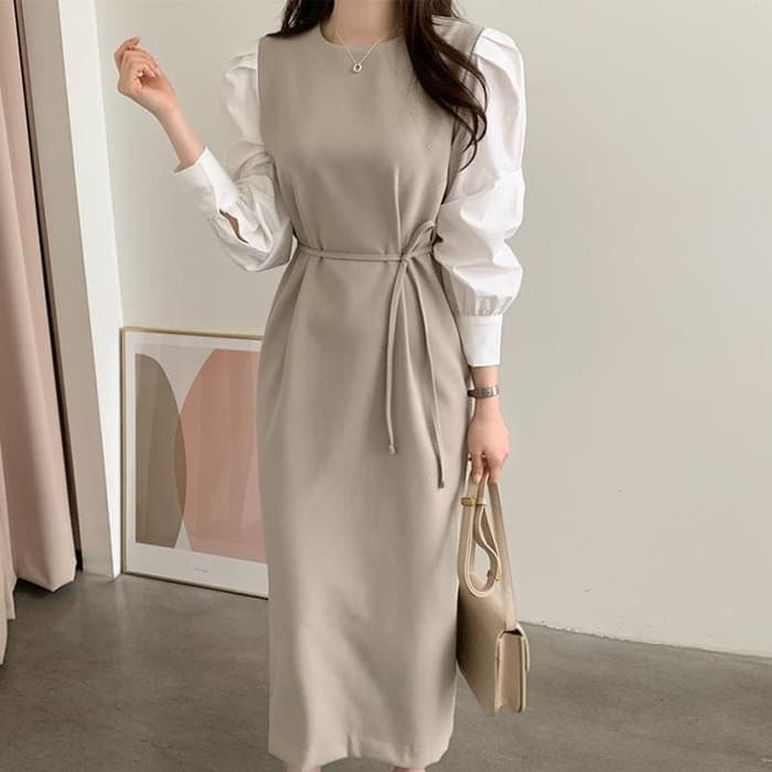 骨格ウェーブ服パフスリーブウエストマークワンピース