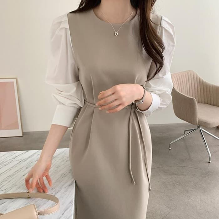 骨格ウェーブ服パフスリーブウエストマークワンピース