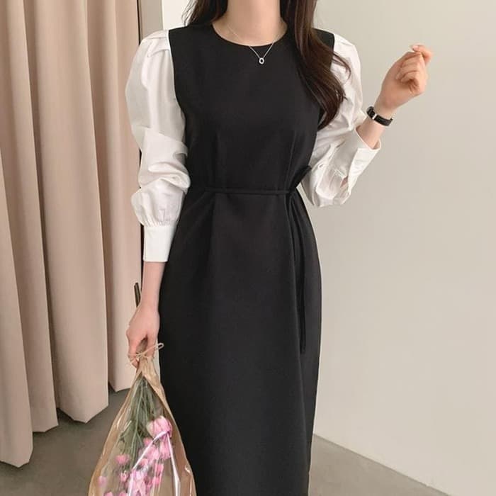 骨格ウェーブ服パフスリーブウエストマークワンピース
