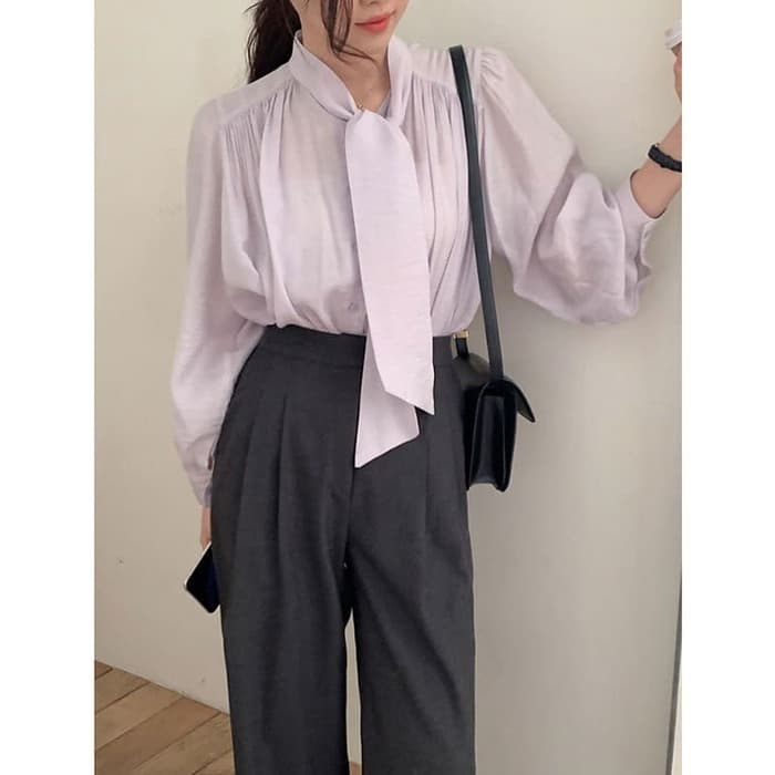 骨格ウェーブ服ボウタイギャザーネックブラウストップス