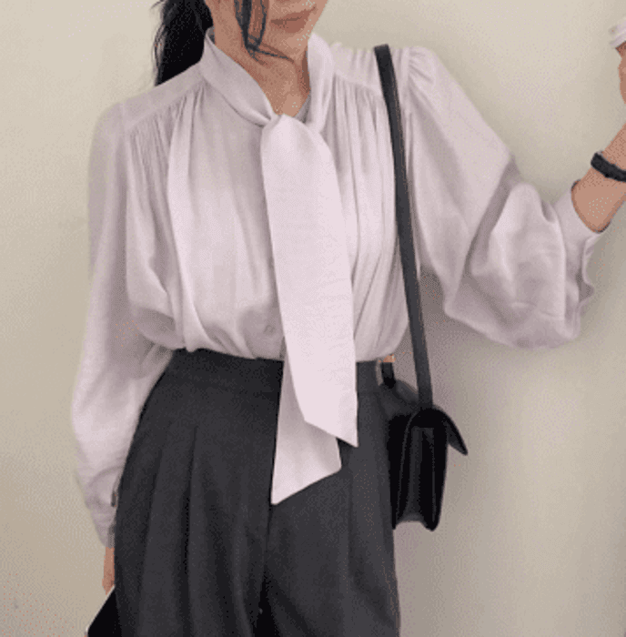 骨格ウェーブ服ボウタイギャザーネックブラウストップス