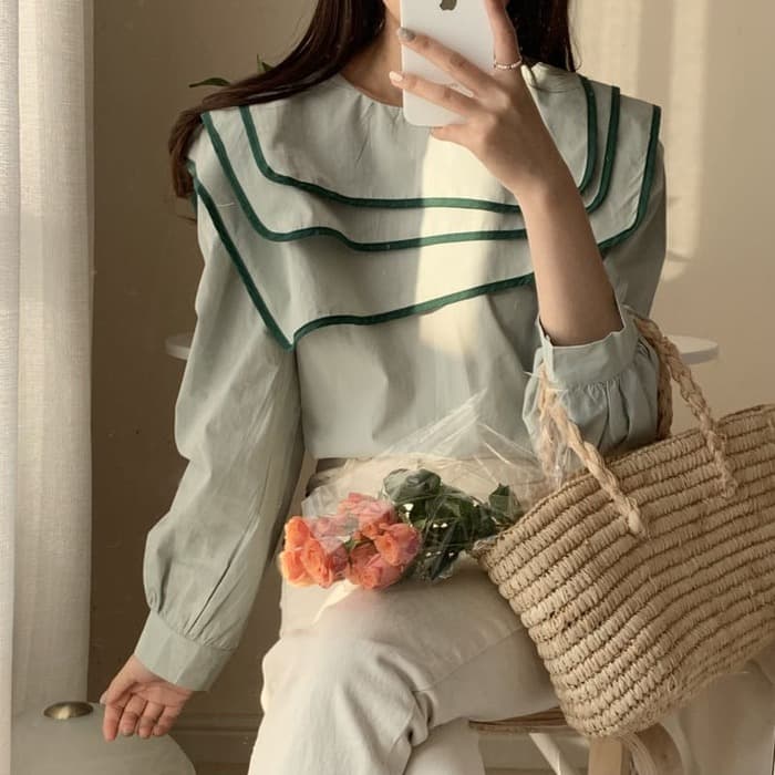 骨格ウェーブ服バイカラーネックライントップス