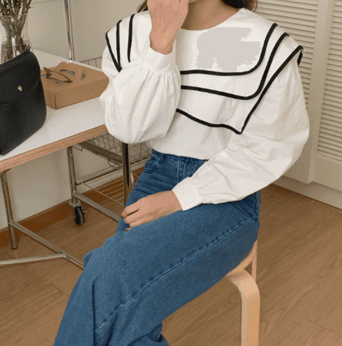 骨格ウェーブ服バイカラーネックライントップス
