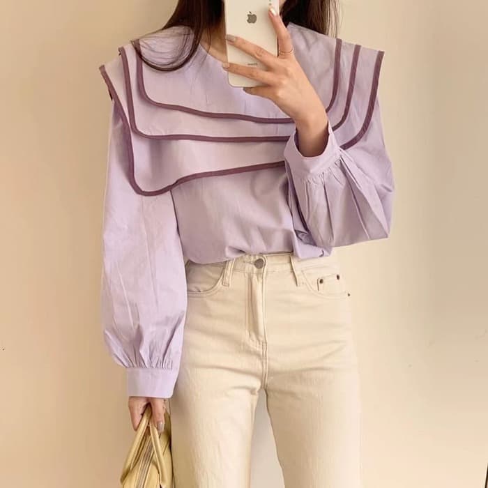 骨格ウェーブ服バイカラーネックライントップス