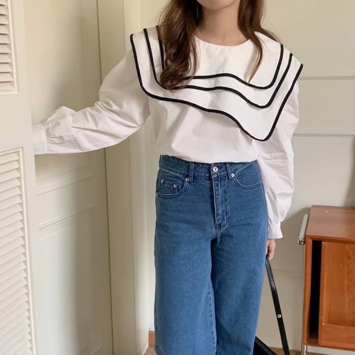 骨格ウェーブ服バイカラーネックライントップス