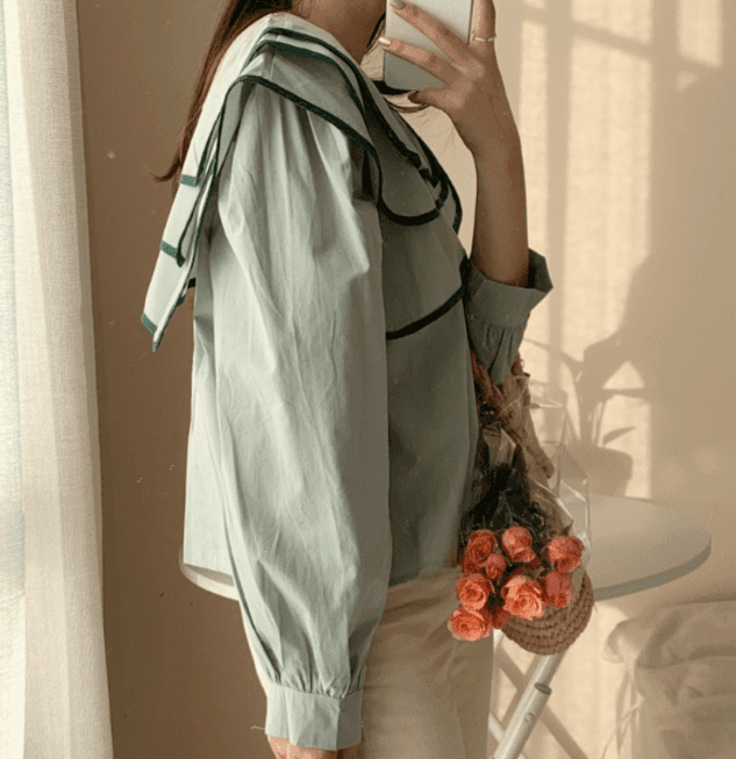 骨格ウェーブ服バイカラーネックライントップス