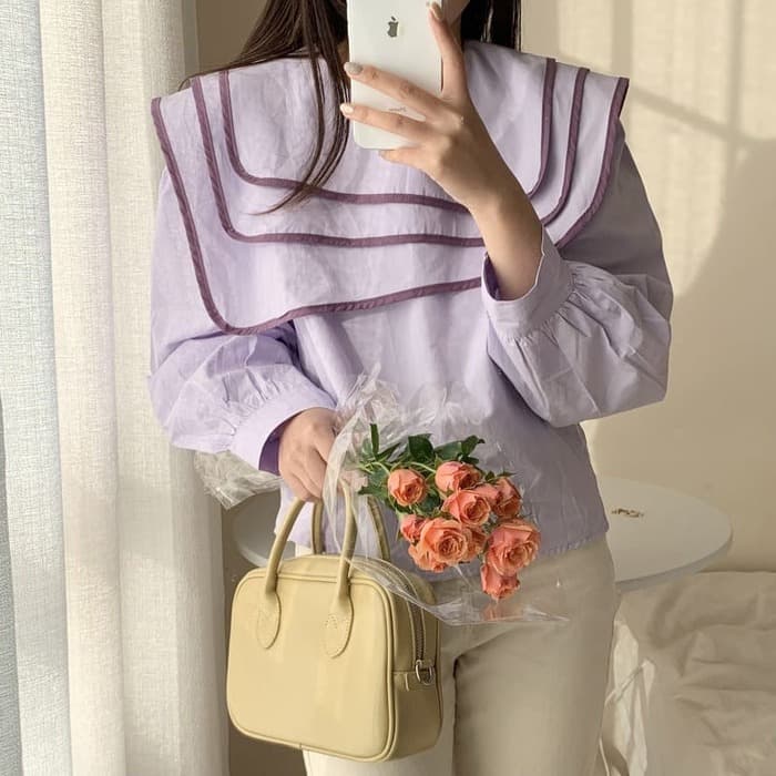 骨格ウェーブ服バイカラーネックライントップス