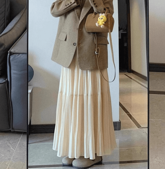 骨格ウェーブティアードプリーツロングスカート