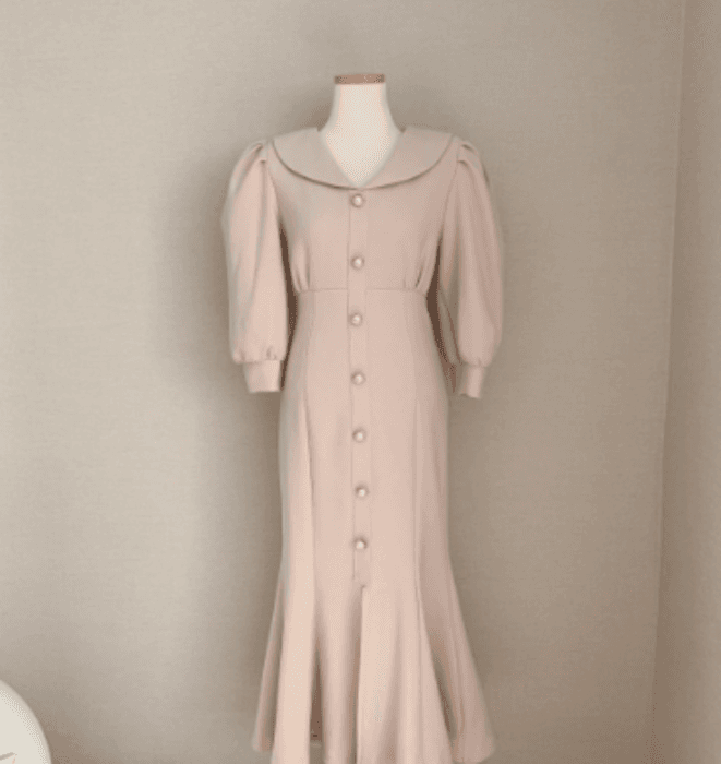 骨格ウェーブ服パフスリーブロングワンピース