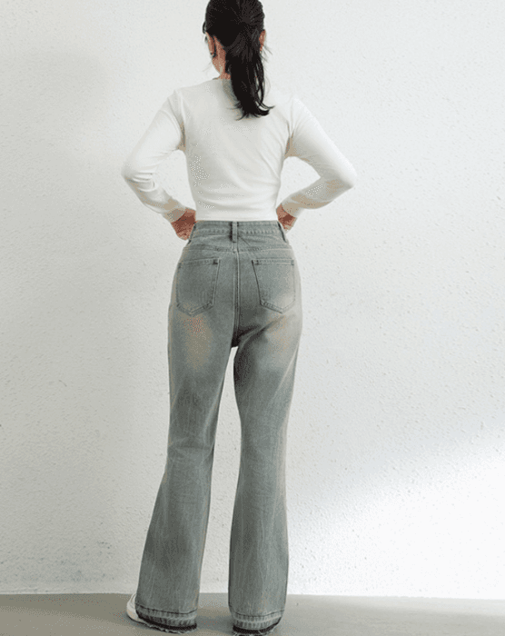 骨格ウェーブワイドレッグデニムパンツ