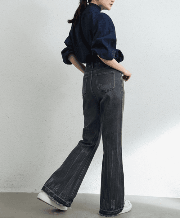 骨格ウェーブワイドレッグデニムパンツ