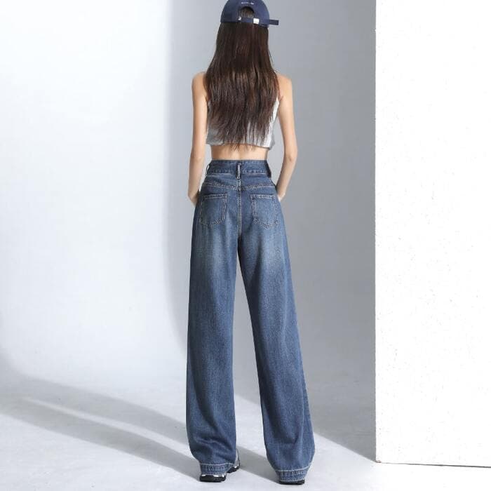骨格ウェーブWボタン美脚ワイドレックデニムパンツ