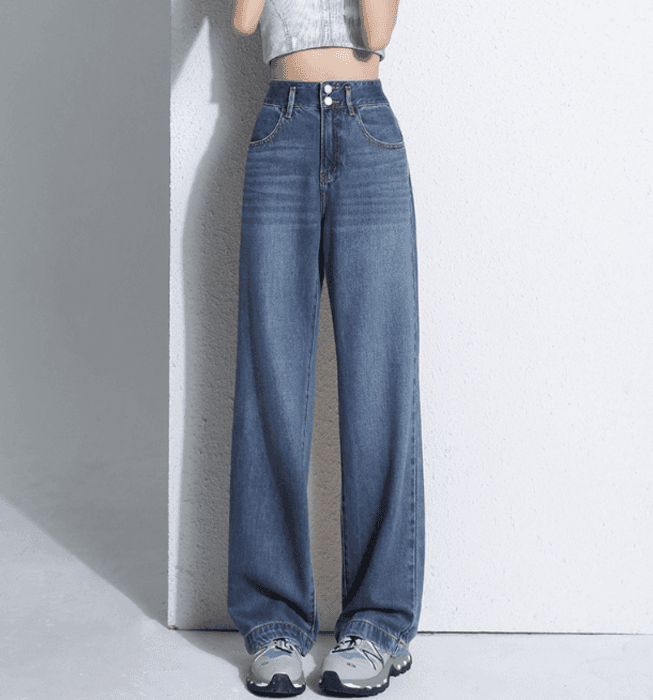 骨格ウェーブWボタン美脚ワイドレックデニムパンツ