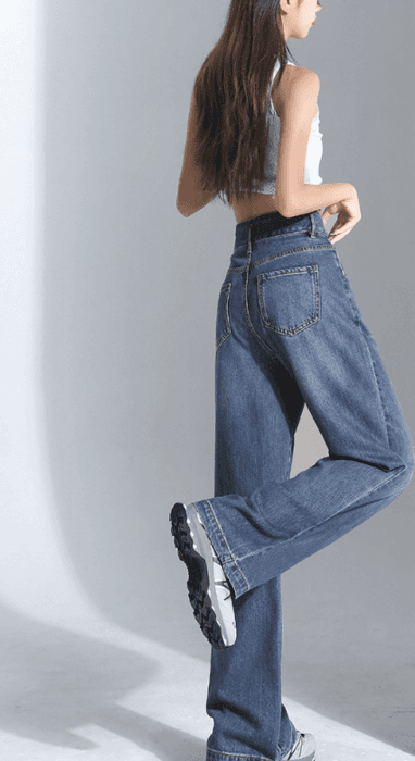 骨格ウェーブWボタン美脚ワイドレックデニムパンツ