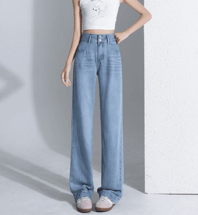 骨格ウェーブWボタン美脚ワイドレックデニムパンツ