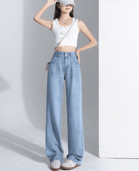 骨格ウェーブWボタン美脚ワイドレックデニムパンツ