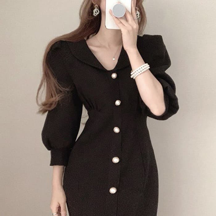 骨格ウェーブ服パフスリーブロングワンピース
