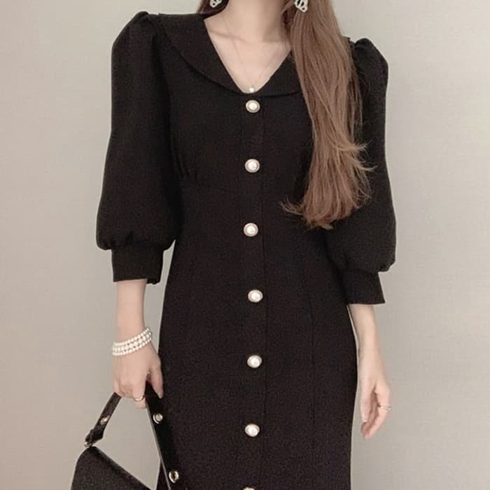 骨格ウェーブ服パフスリーブロングワンピース