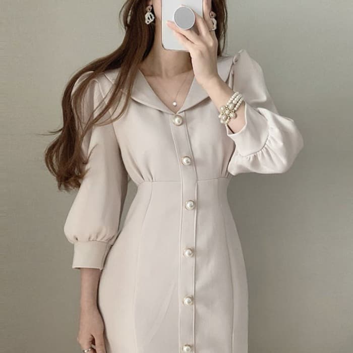骨格ウェーブ服パフスリーブロングワンピース
