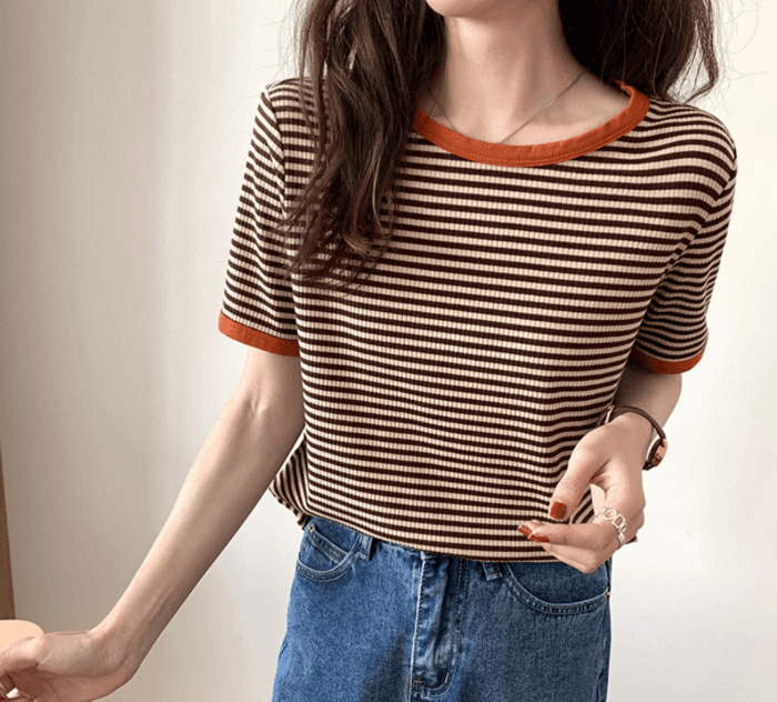 骨格ウェーブ服ラウンドネックボーダーTシャツトップス