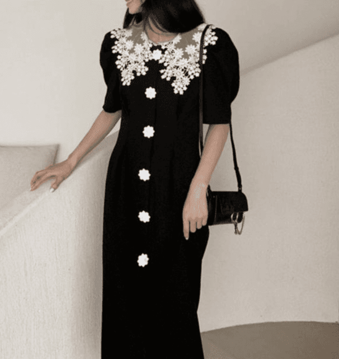 骨格ウェーブ服レースネックロングワンピース