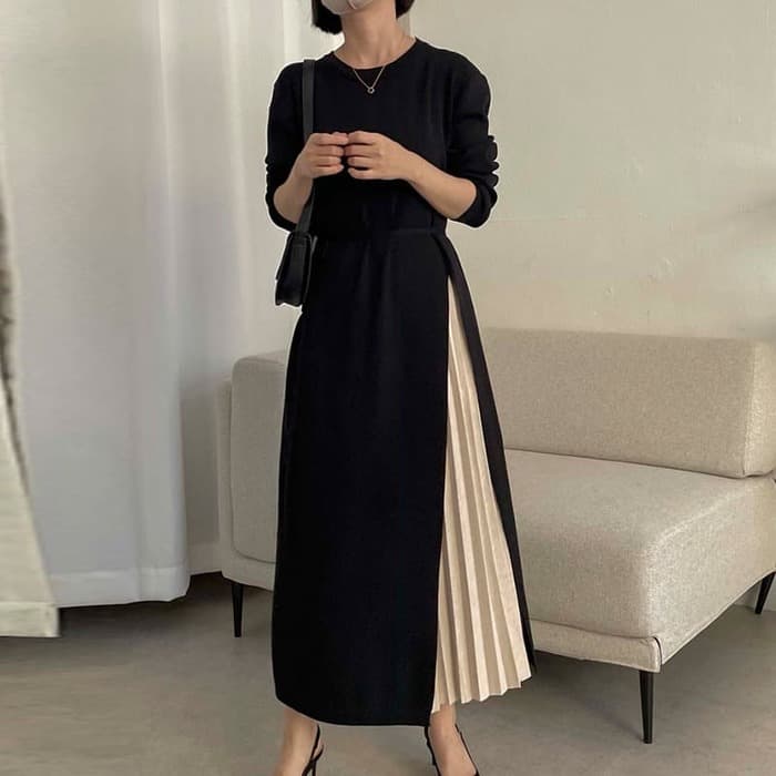 骨格ウェーブ服切り替えプリーツロングワンピース
