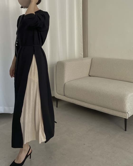 骨格ウェーブ服切り替えプリーツロングワンピース