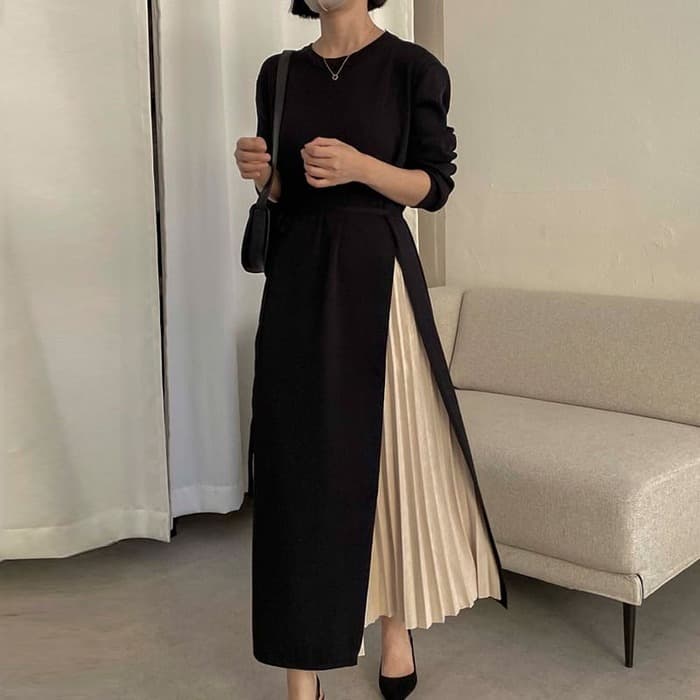 骨格ウェーブ服切り替えプリーツロングワンピース
