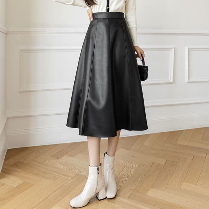 骨格ウェーブ服ハイウエストフェイクレザーフレアスカート