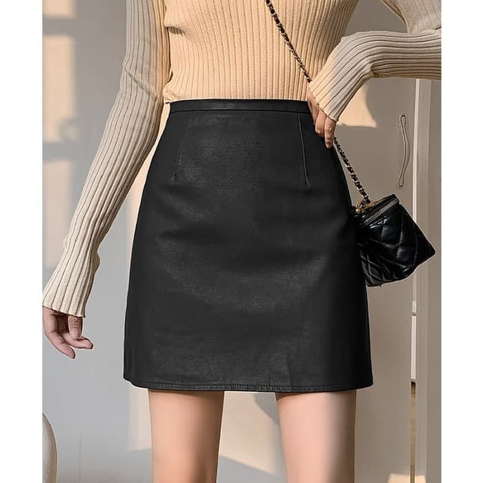 骨格ウェーブ服ハイウエストフェイクレザーミニスカート