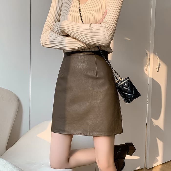 骨格ウェーブ服ハイウエストフェイクレザーミニスカート