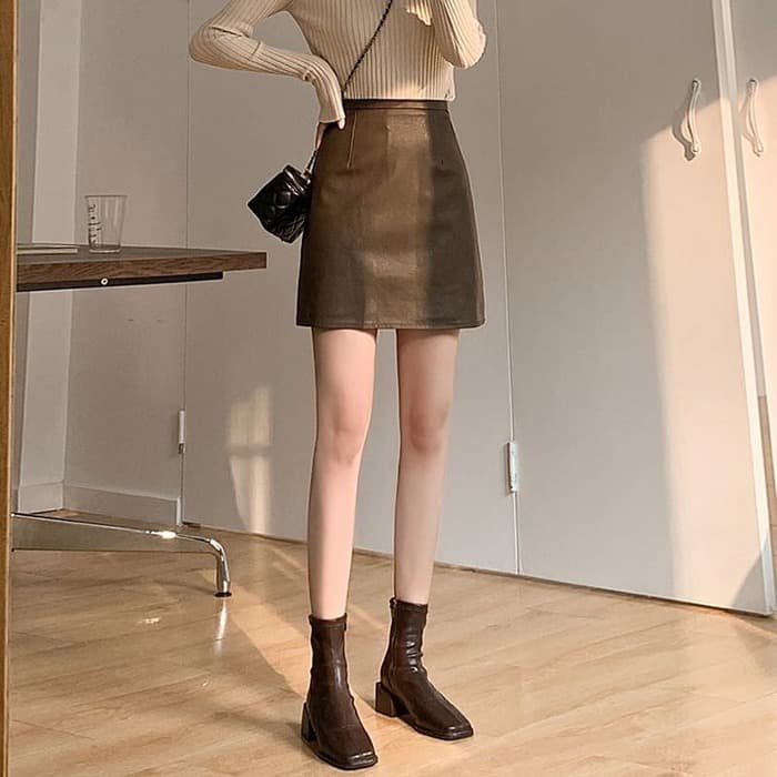 骨格ウェーブ服ハイウエストフェイクレザーミニスカート