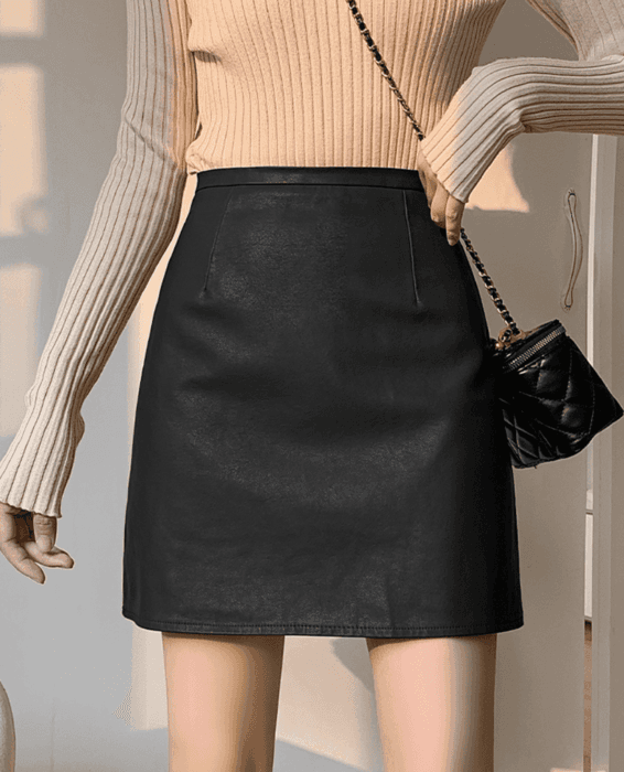 骨格ウェーブ服ハイウエストフェイクレザーミニスカート