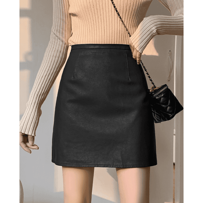 骨格ウェーブ服ハイウエストフェイクレザーミニスカート