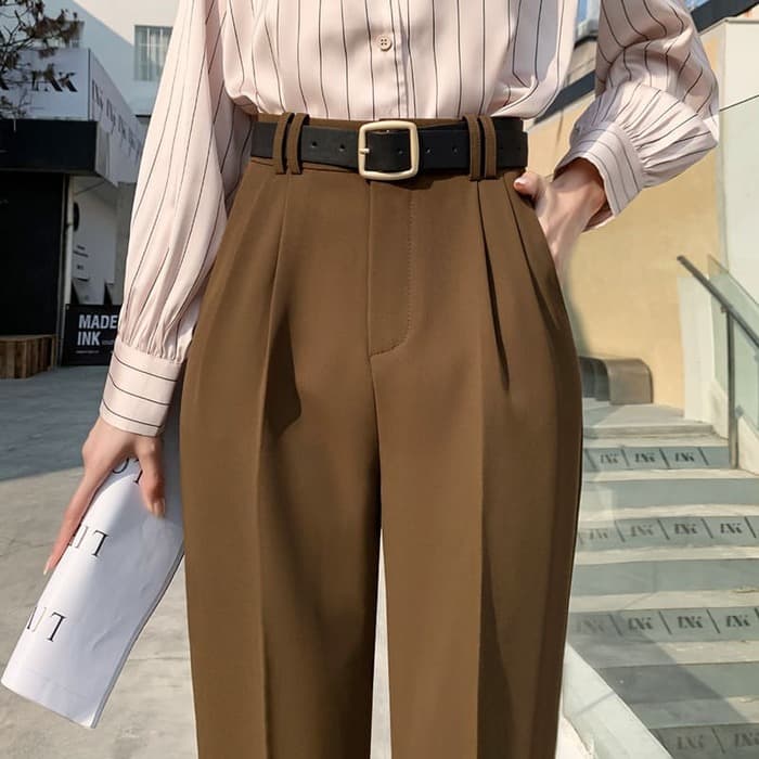骨格ウェーブ服ハイウエストベルト付きテーパードパンツ