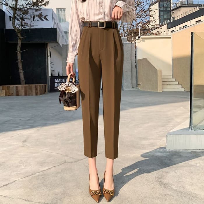 骨格ウェーブ服ハイウエストベルト付きテーパードパンツ