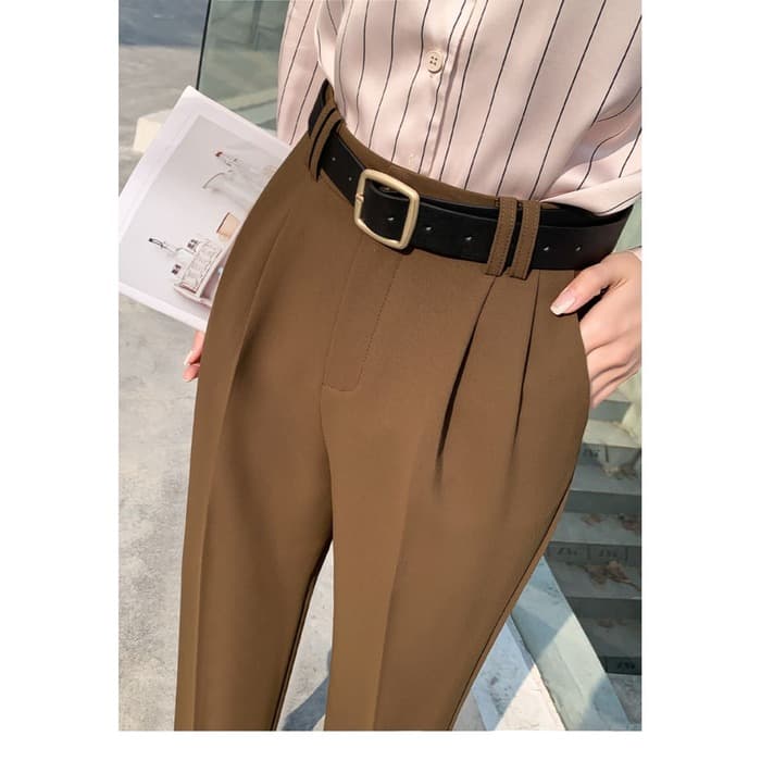 骨格ウェーブ服ハイウエストベルト付きテーパードパンツ
