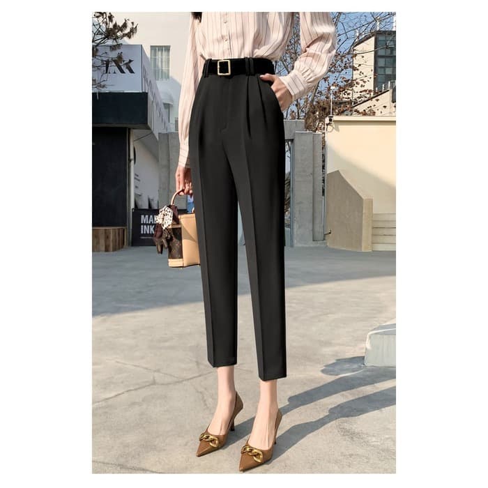 骨格ウェーブ服ハイウエストベルト付きテーパードパンツ