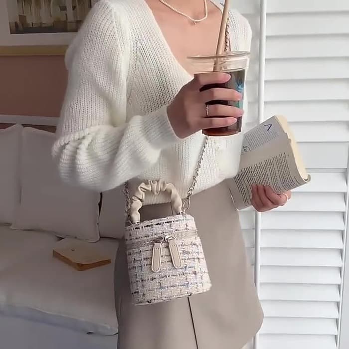 ツイード調ラウンドハンドルバッグ 骨格ウェーブ服