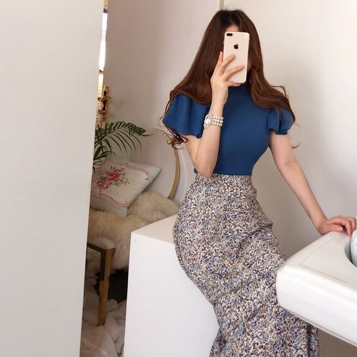 骨格ウェーブ服フリルニットトップス&ハイウエスト花柄フレアスカートセットアップ