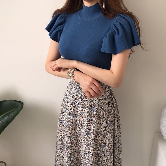骨格ウェーブ服フリルニットトップス&ハイウエスト花柄フレアスカートセットアップ
