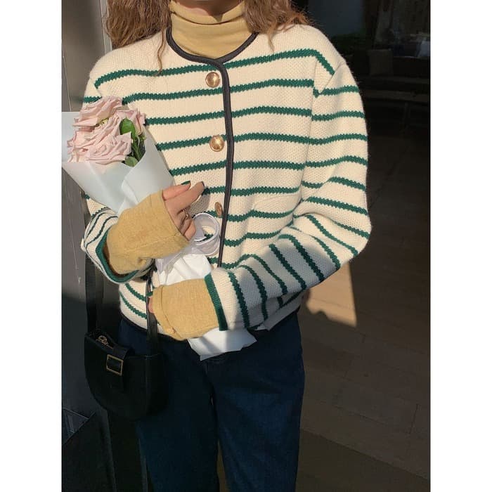 骨格ウェーブ服2wayラウンドネックボーダーアウター